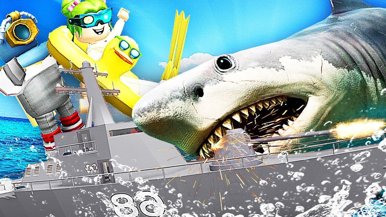 【屌德斯&小熙】 Roblox鲨鱼模拟器 战列舰大战巨齿鲨！