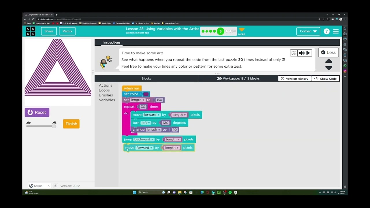 Code.org Express Course 2022 Using Variables with the Artist Lesson 25 Upload Student