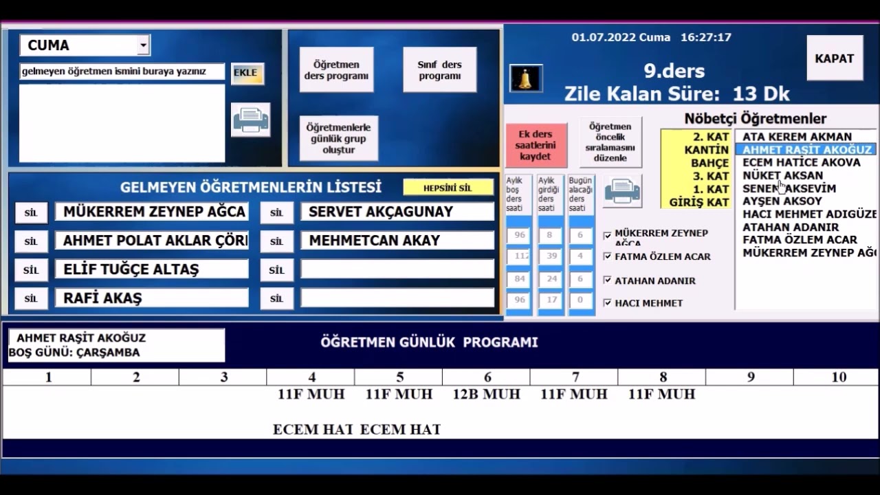 Nöbette boş geçen derse öğretmen atama(nöbet programı)