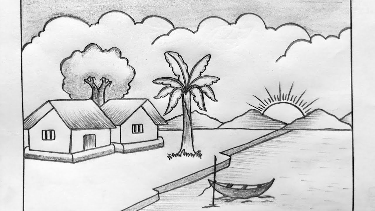 Village scenery drawing tutorial with pencil✏️ || গ্রামের দৃশ্য আঁকা || Sketch scenery drawing ideas