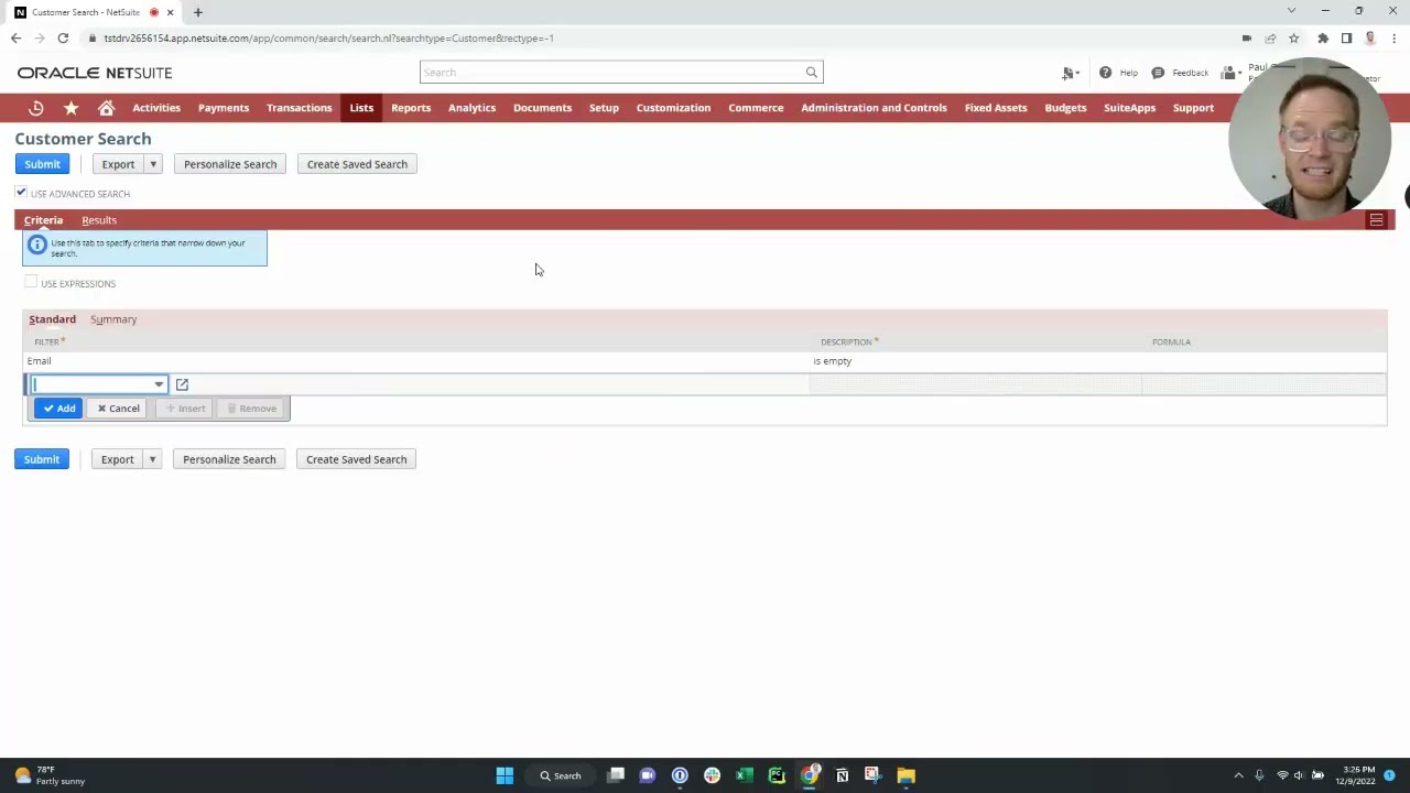 Customer Edits Saved Search Setup