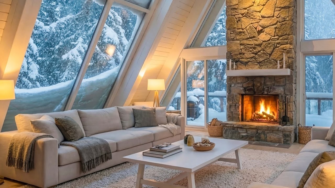 🎹 Cozy White Piano Lounge  Warm Fire Candles & Snow for 3 Hours  Stress Relief Focus Study Relax