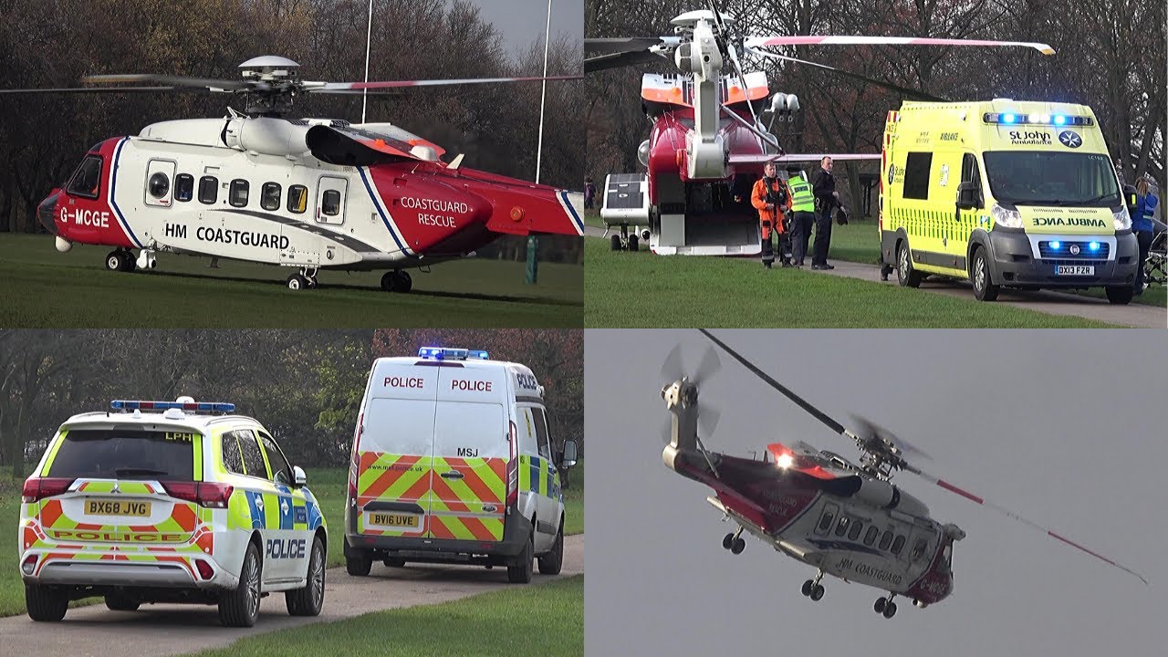 HM Coastguard Rescue Helicopter Transferring Patient To Ambulance - Medical Treatment Required!