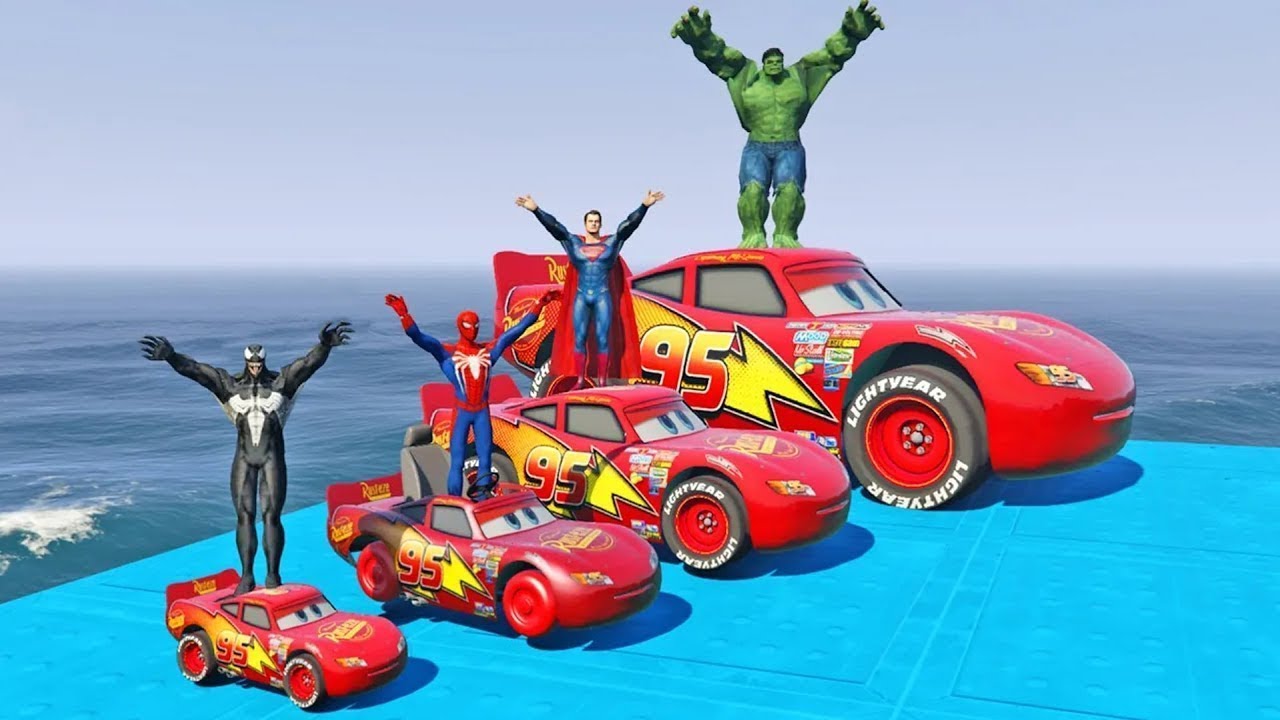 SPIDERMAN McQueen Small Vs Big Vs Venom Vs Superman Vs Hulk VsMega SEA RAMP Challenge  - GTA V