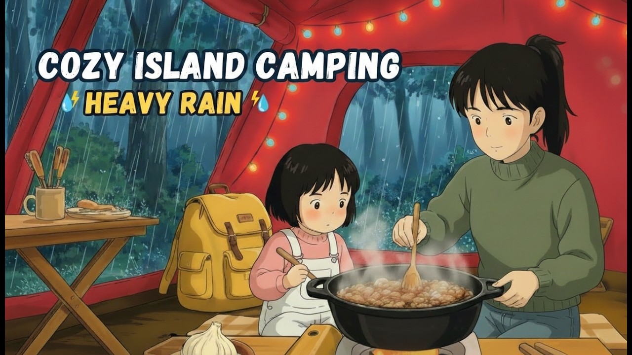 Camping in Heavy Rain on Cozy Island 🌧️ Tunnel Tent & Beef Sukiyaki  Ghibli Style ASMR
