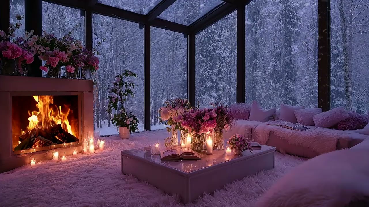 Relaxing Winter Sounds of Snow Wind Outside and Crackling Fireplace Inside a Cozy Room