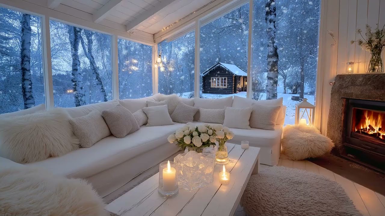 🌨️🔥 Silent Snow & Warm Fire Piano | 5 Hours Soft White Lounge Piano Ambience for Sleep and Study