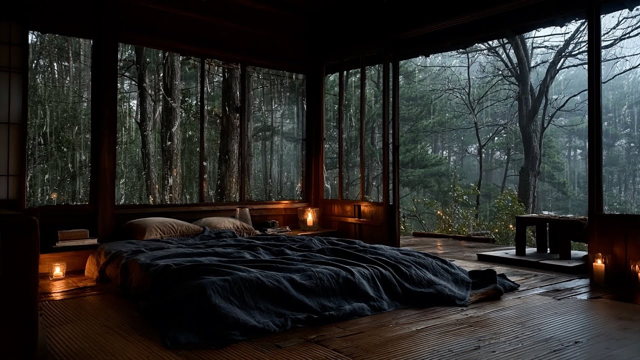 Cozy Wood Cabin Night 🌧️ Heavy Rain Sounds & Hanging Light for Sleep