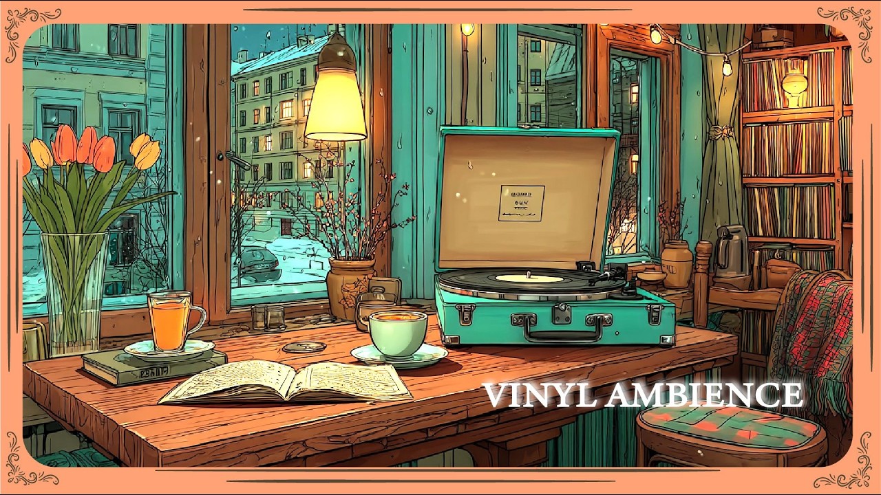 Oldies jazz on vinyl (Muffled + Crackle) | Cozy Window Cafe Ambience for Study/Relax