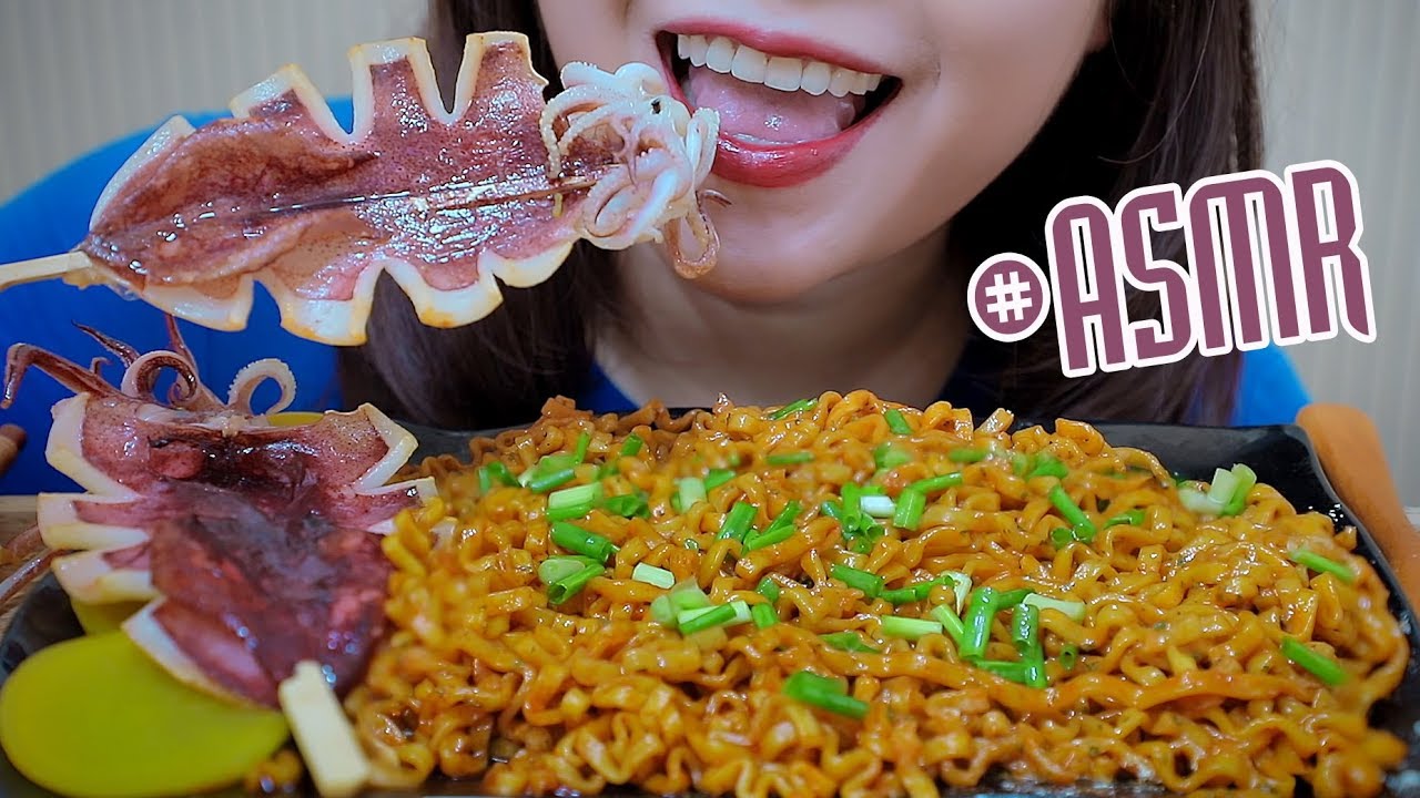 ASMR Fried half dried squid with cheesy samyang carbo noodles,EXTREME CHEWY EATING SOUNDS| LINH-ASMR