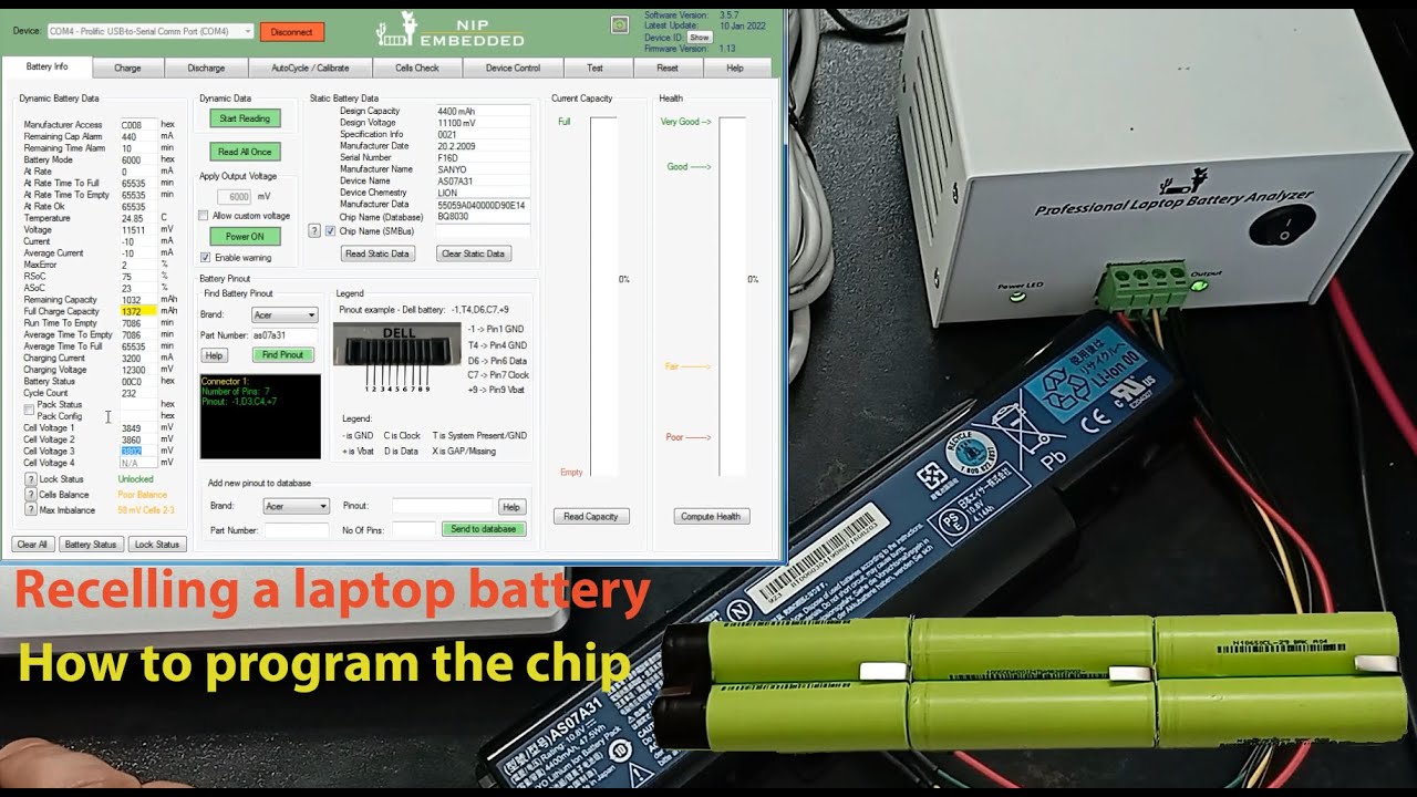 Repairing a laptop battery by replacing cells and programming the chip using NLBA1 PRO Tool