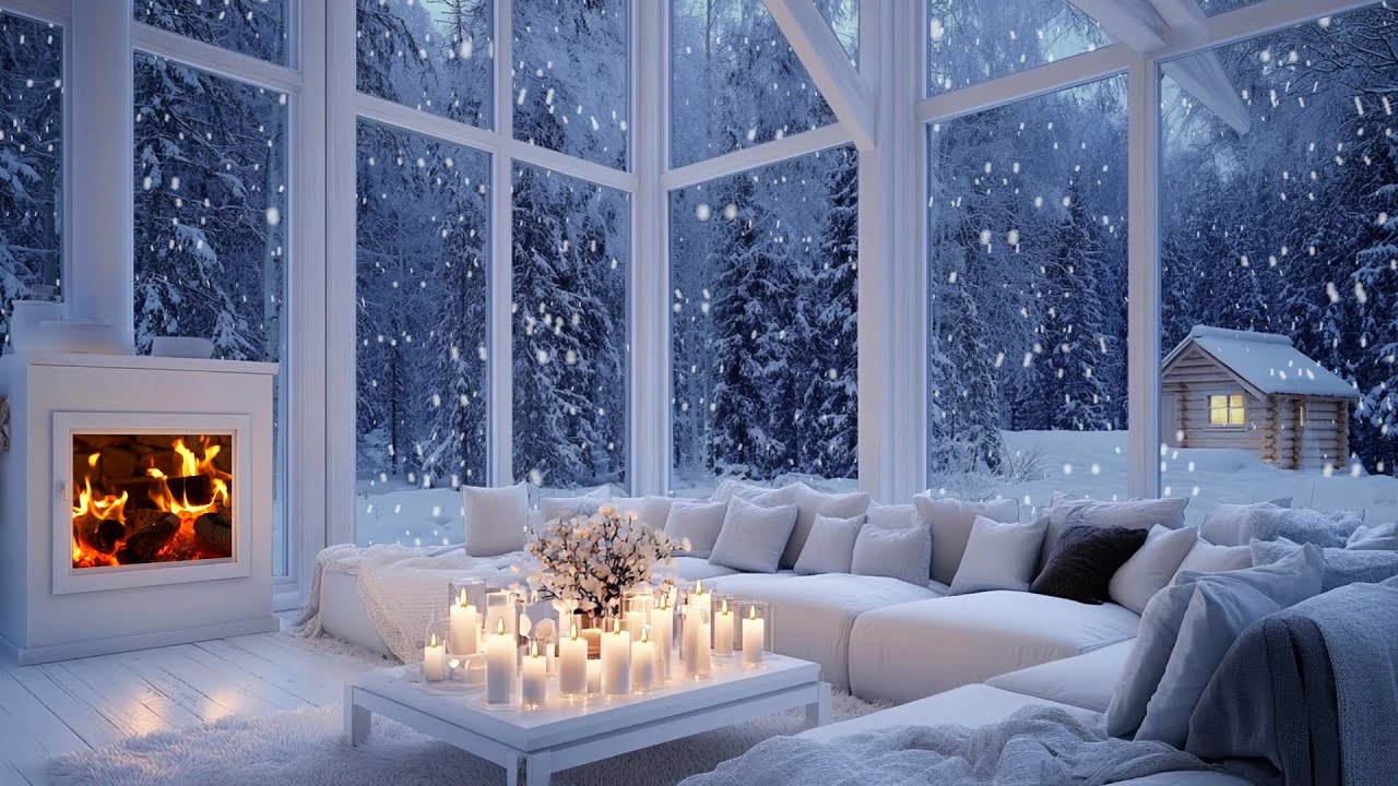 🕯️🎶 Peaceful Piano Lounge Night | Snowfall, Fireplace & Flowers For 4 Hours | Calm Focus Recharge