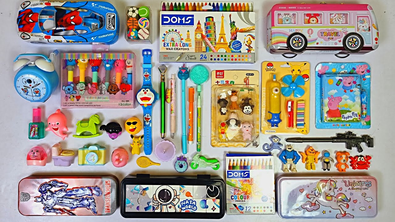 Huge stationery collection - Unicorn Pencil Box, 3d eraser, pencil sharpner, Doraemon watch, pens