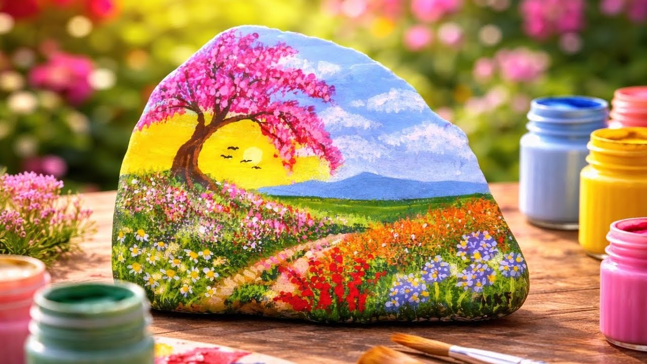 Я нарисовала весенний пейзаж на камне | Простое и красивое искусство 🎨