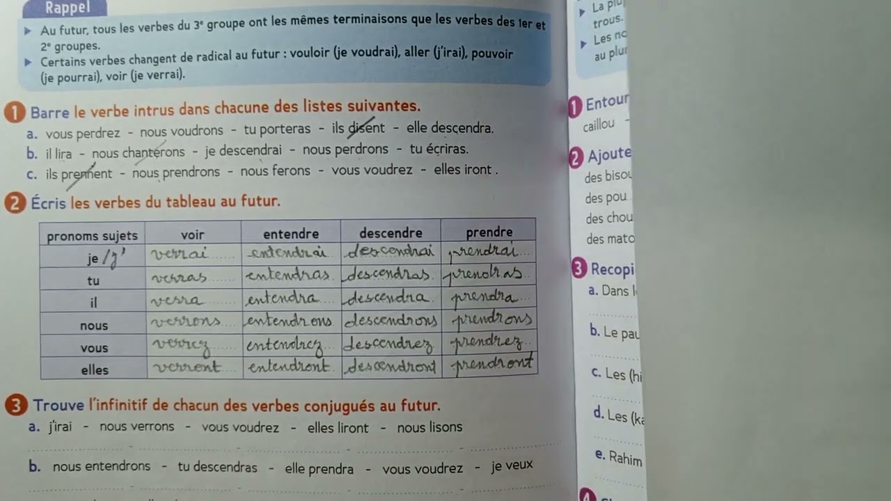 CE2 . Le futur des verbes du 3 groupe page 82 cahier d' activités Le trésor des mots