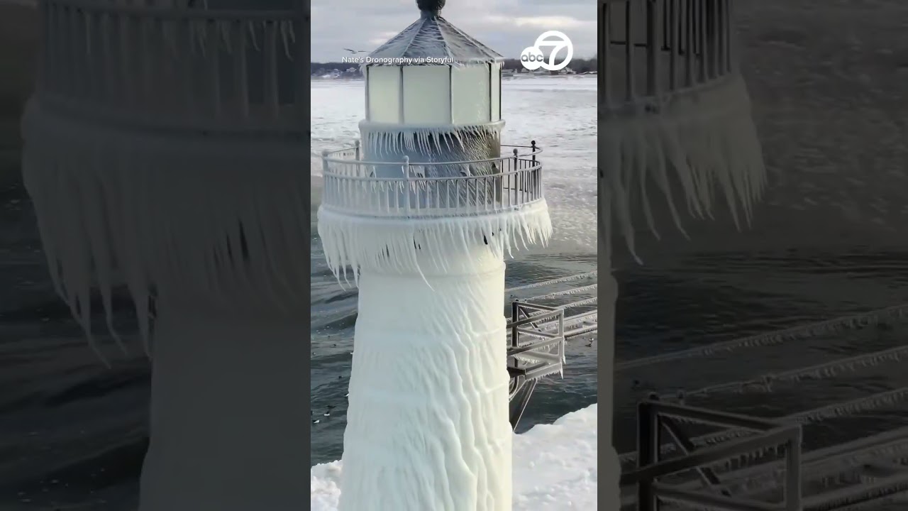 Beautiful icicles form on Lake Michigan lighthouse