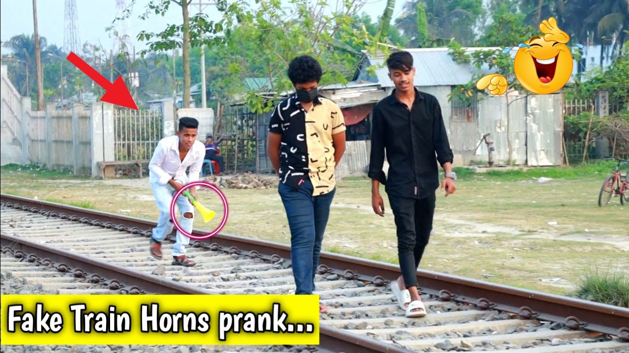 Best of the fake Train horn prank   Part 3  Try to not laugh challenge
