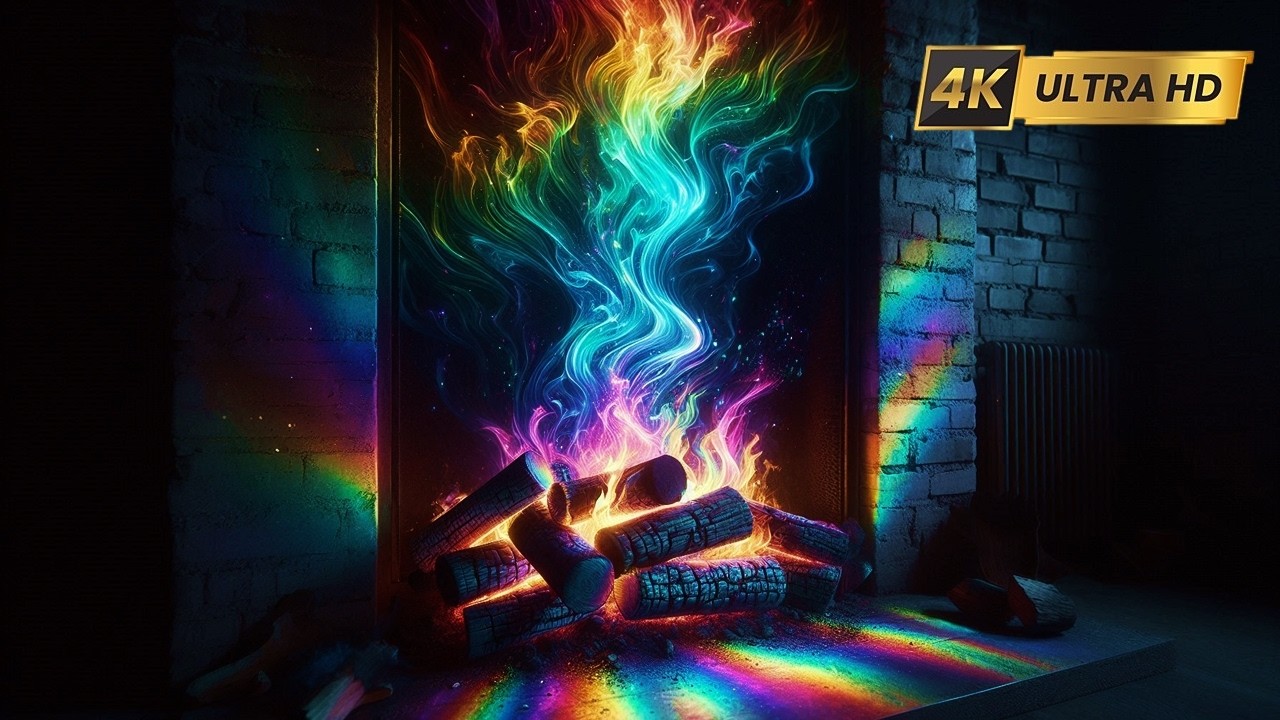 4K RAINBOW Fireplace Flames Ambience (12 HOURS NO MUSIC). Fireplace with Logs Crackling Fire Sounds!