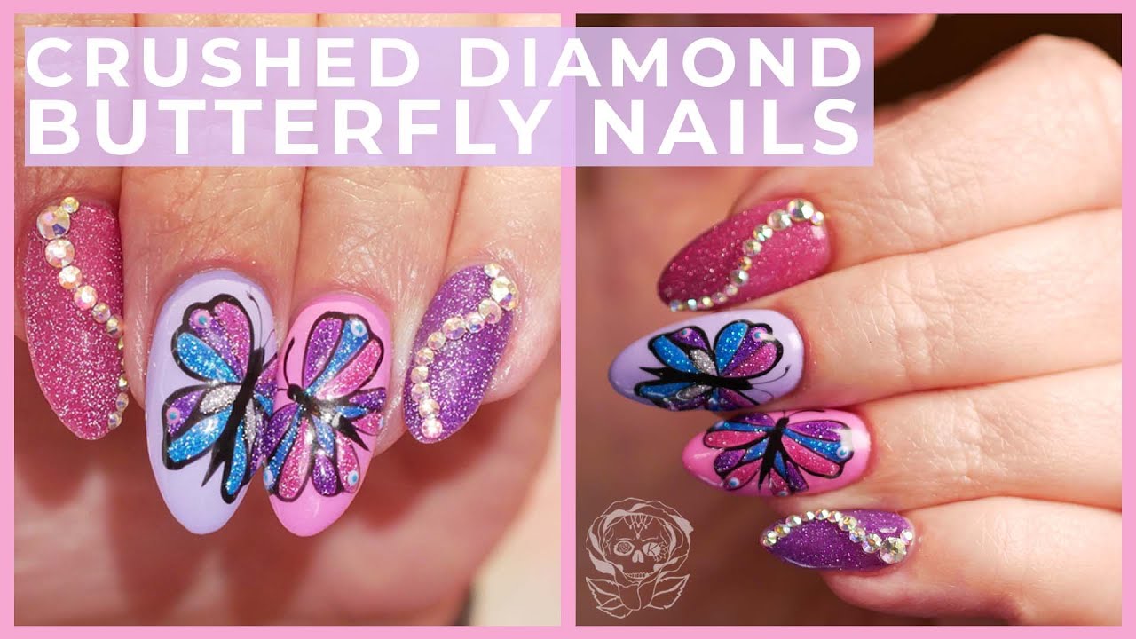 ✨🦋Crushed Diamond Summery Butterfly Nails🦋✨