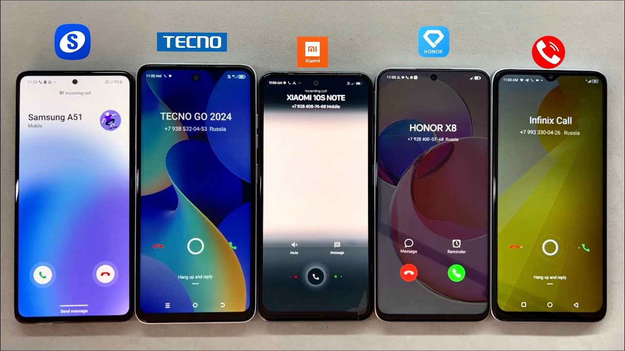 Ringing incoming call Samsung Galaxy A51 + Tecno Go 2024 + Xiaomi Mi N10S + Honor X8a + Infinix H30i