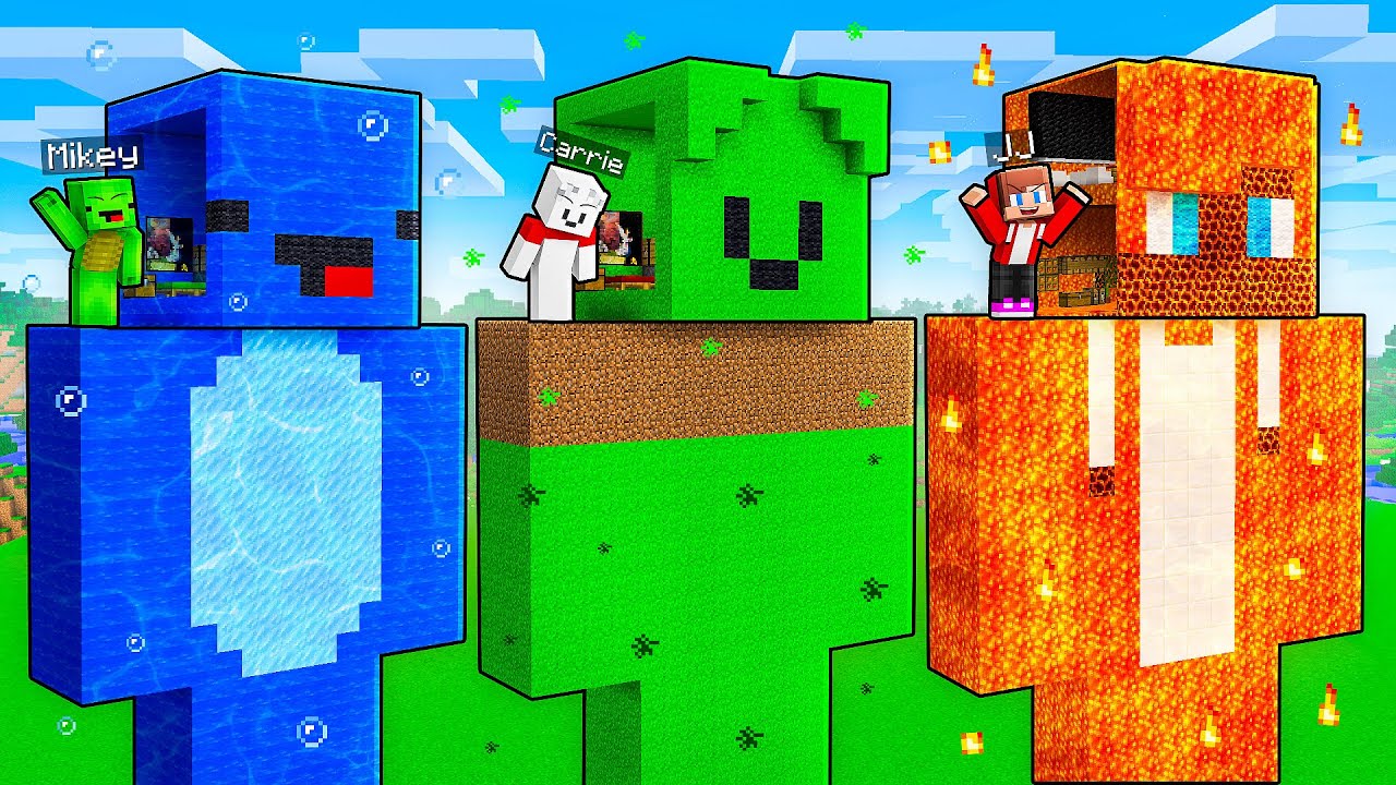 JJ vs Mikey vs Carrie: ELEMENTAL HEAD STATUE BASE BATTLE in Minecraft - Maizen