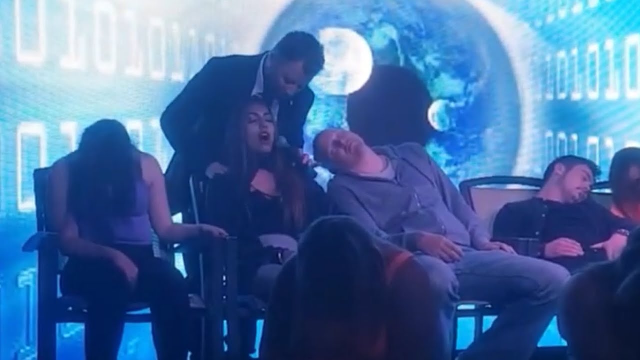 Hypnotist makes participants to moan, say thanks after, and make them dance for him