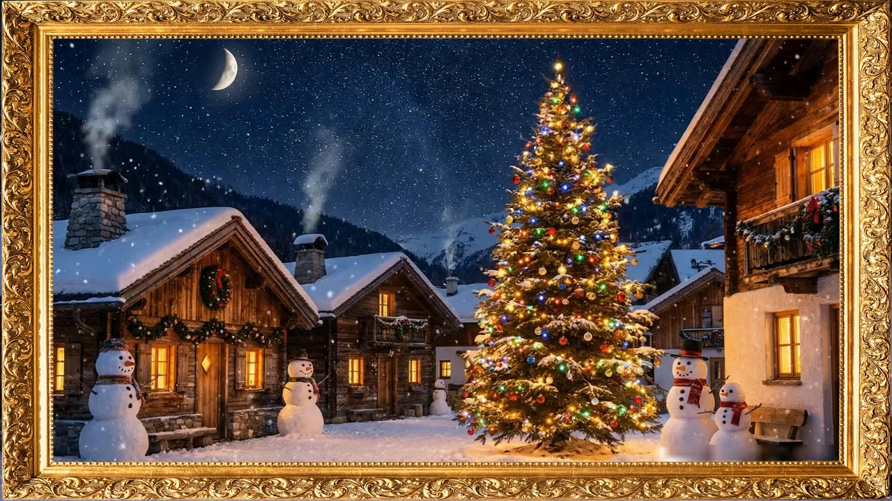 Cozy Christmas Village Ambience 🎄 Snowy Night Screensaver with Relaxing Holiday Music | 4K UHD