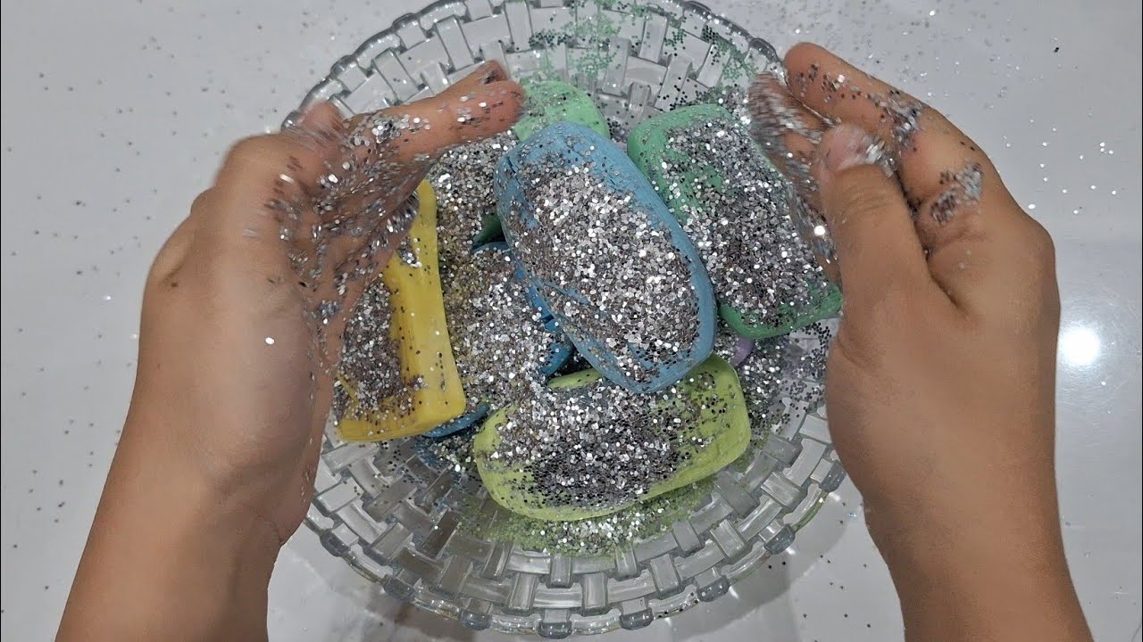 One pound glitter and crunchy soap In a glass bowl #soap #asmr 