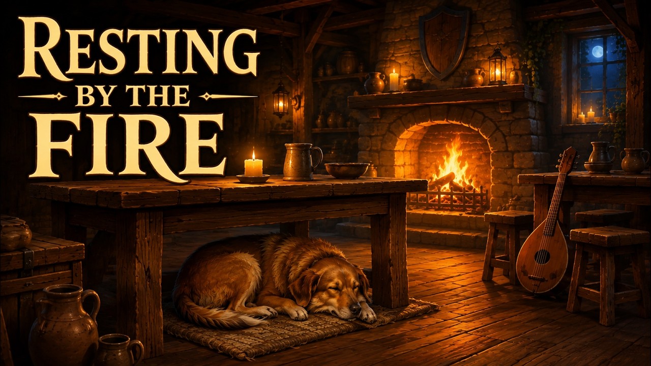 A Sleepy Dog Beneath The Tavern Table | Cozy Medieval Folk Music & Fireplace Ambience
