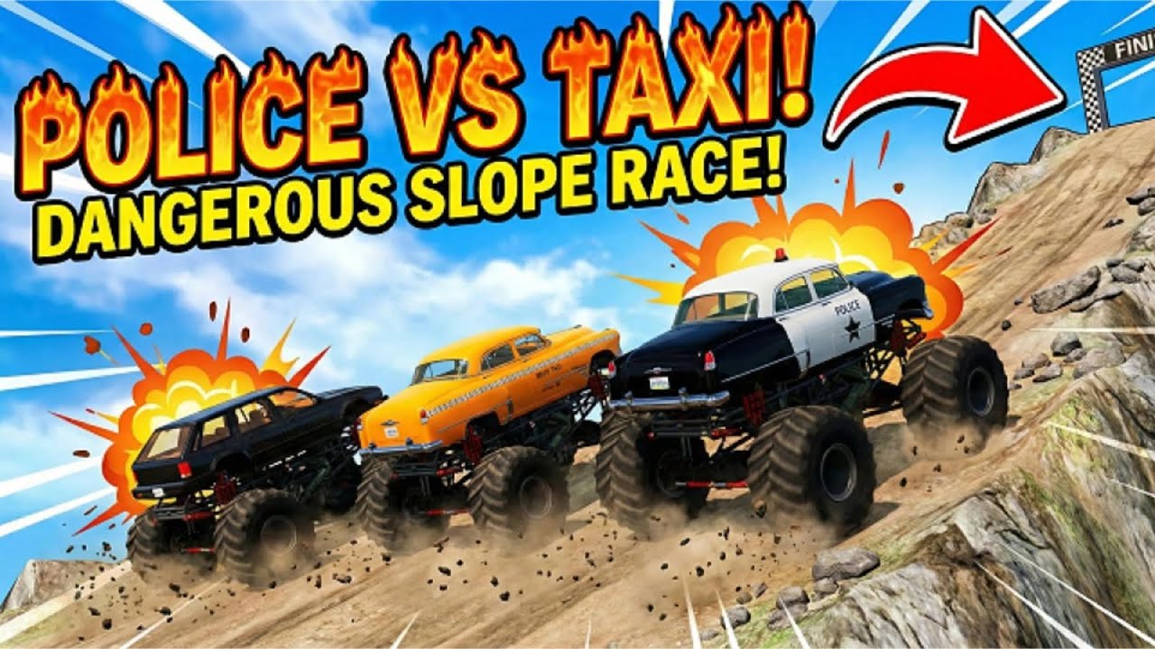 🚔 Police vs Taxi Monster Truck Battle! Dangerous Slope Challenge 😱 (BeamNG.drive)