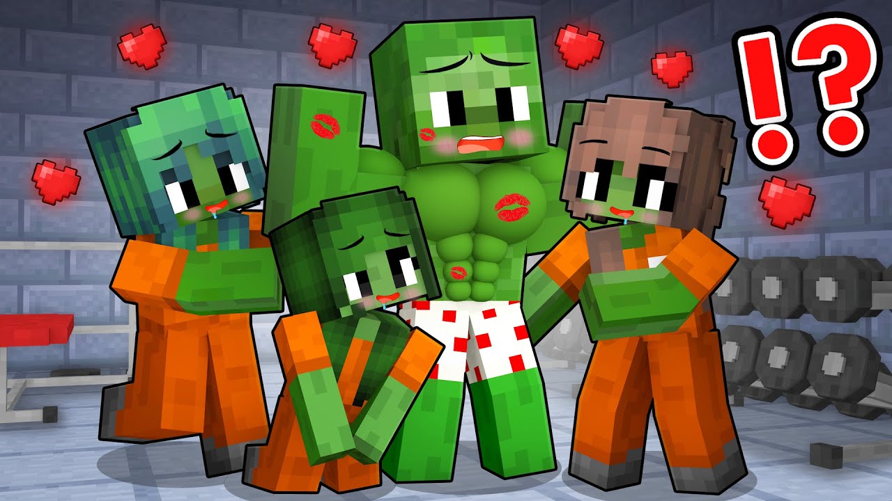 All Criminal Girls Fell in Love with MUSCLE Zombie in Jail (Minecraft)