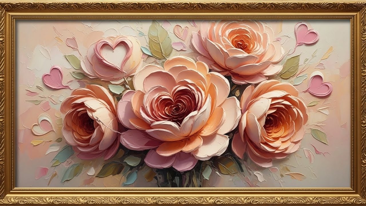 Frame TV Art With Music: Peach Rose Impasto Oil Painting | Samsung Frame TV Art | 4K Textured Floral