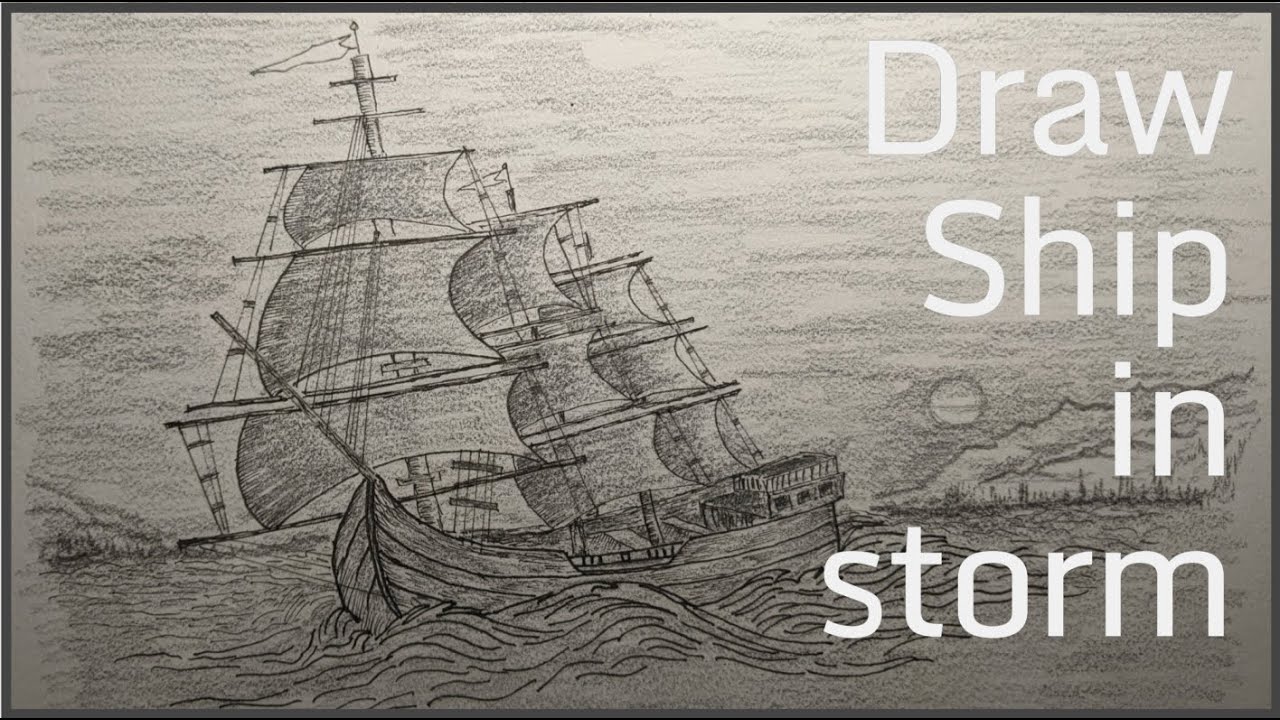 How to draw a sailing ship in storm, easy and step by step