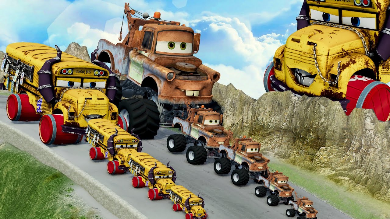 Big & Small Miss Fritter with Barrel Wheel vs Big & Small Monster Truck Mater vs Hill - BeamNG.drive