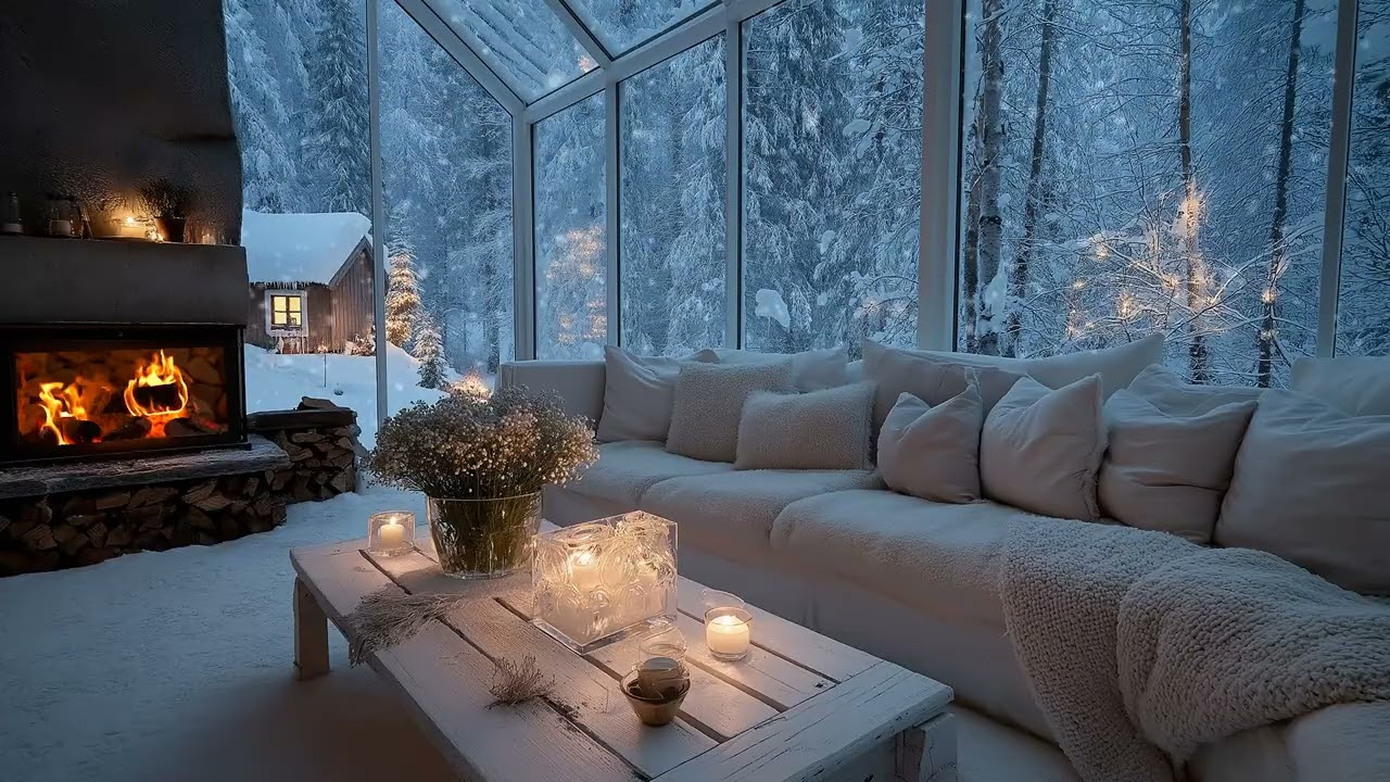 🎹❄️ Snowy Piano Lounge | Fireplace Flowers & Candlelight 3 Hours | Calm Relax Meditation Study Sleep