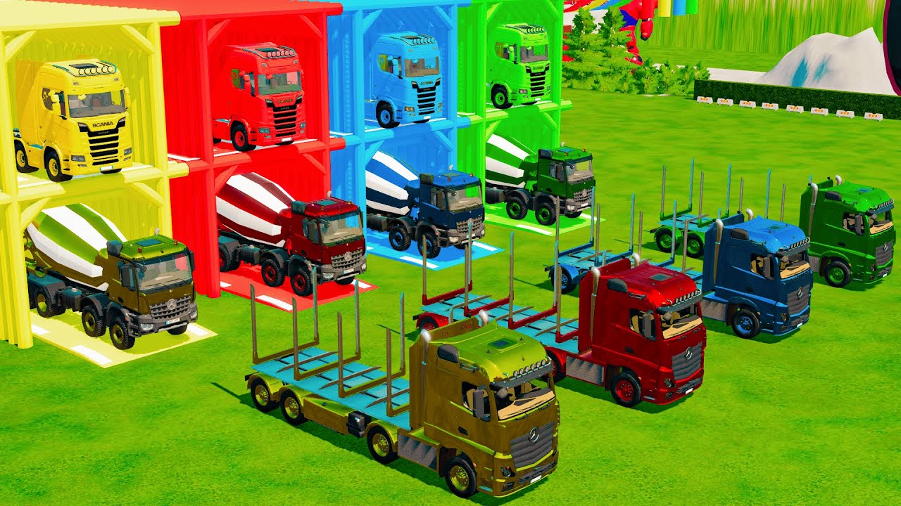 GARAGE WITH COLORS - TRANSPORTING ALL MIXER TRUCKS WITH DOUBLE FLATBED TRAILER | FS22