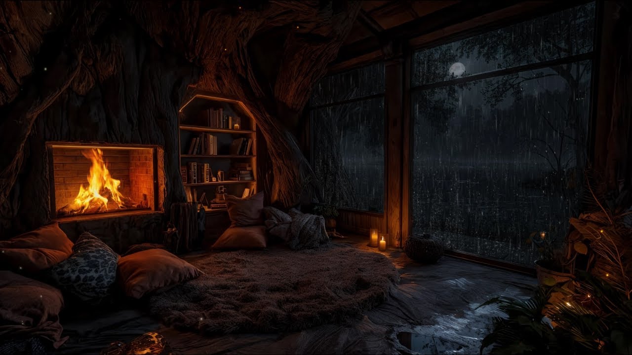 Cozy Treehouse 🌧️🔥 Relaxing Rain Ambience with Crackling Fireplace