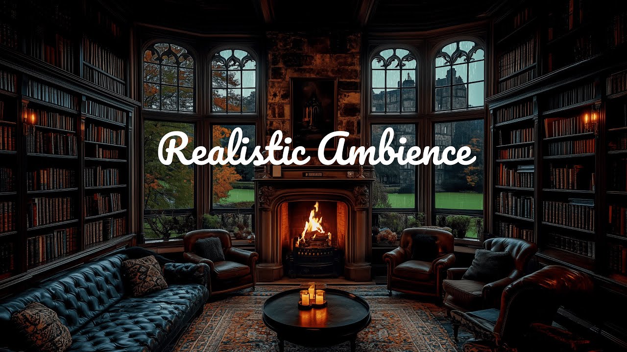 🌧️ Rainy Library Ambience in Edinburgh 📚 Fireplace, Rain Sounds, Reading ASMR (No Ads)