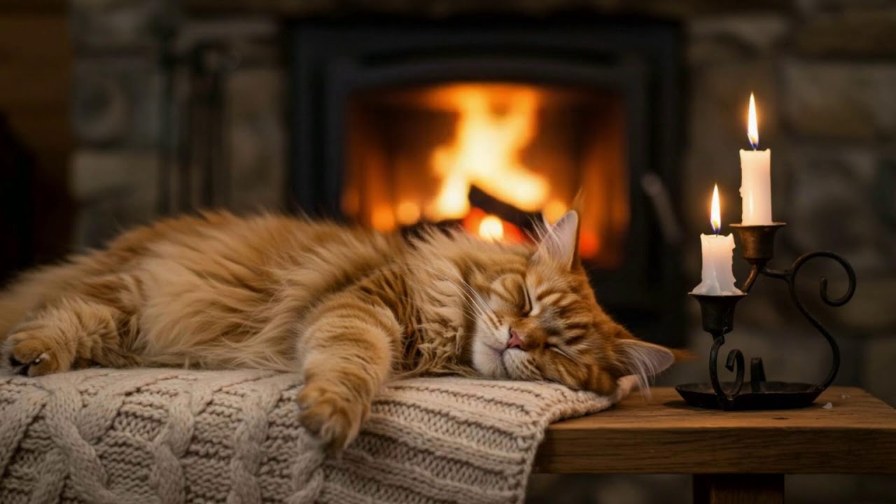 Comforting Feline Night Music 432Hz 😺 Warm Fireplace Glow For Sleep, Stress Relief, And Healing