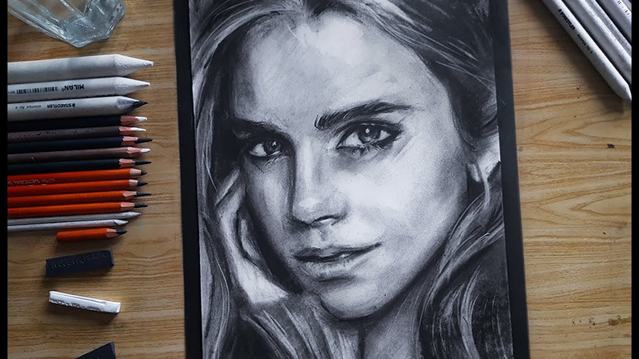 [ASMR] Drawing Emma Watson with Charcoal Pencils [No Talking]