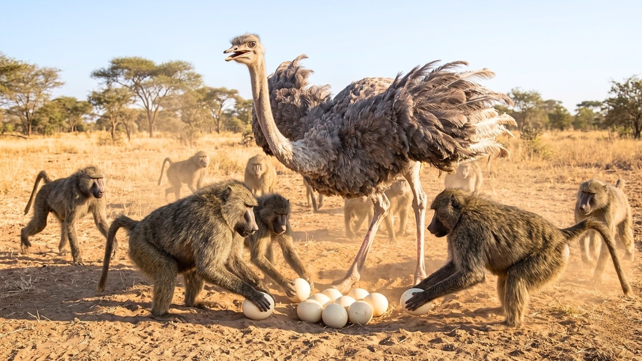 A troop of baboons attempts to steal eggs but faces a fierce reaction from the mother ostrich.