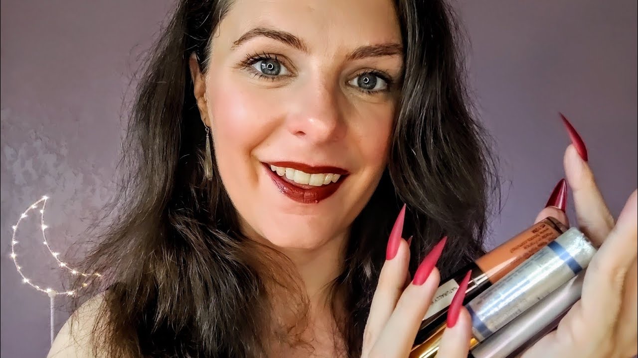 ASMR-Long nails & Lip gloss-nail tapping, lip gloss application & whispers for sleep and relaxation