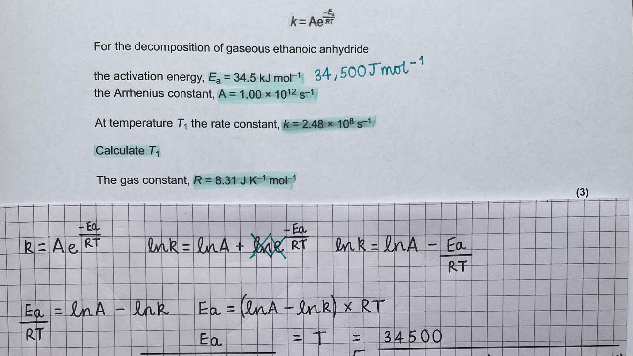 Worked exam answer - AQA A level Arrhenius equation question
