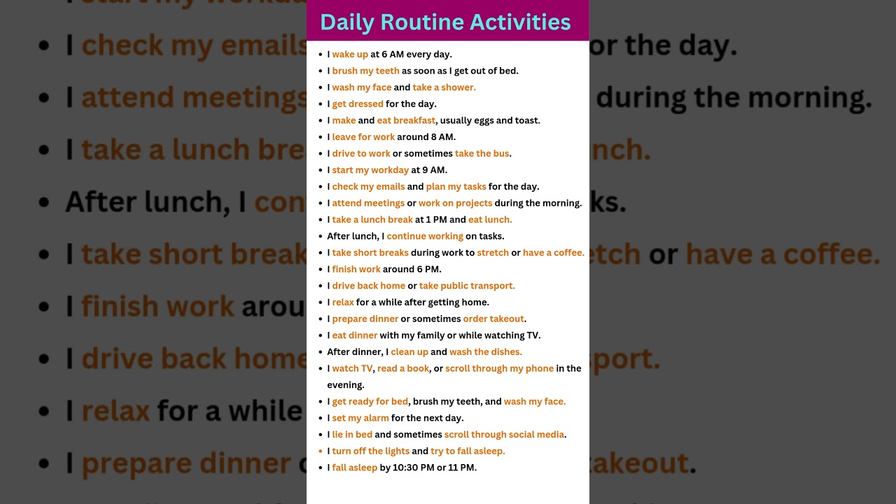Daily Routine Sentences from Morning to Night | Daily Routine Activities in English.