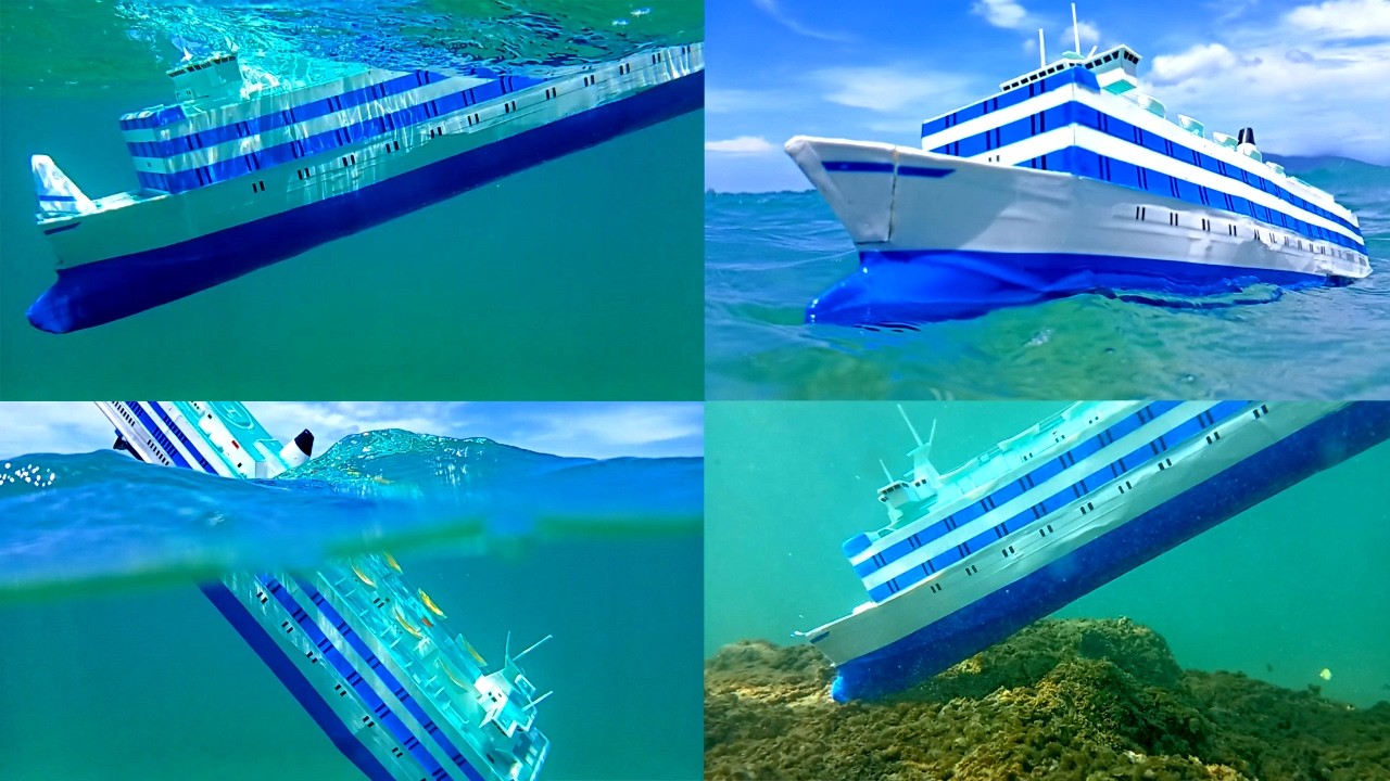 Estonia sinking, cardboard ship sinks due to storm, underwater footage of ferry model ship wreck