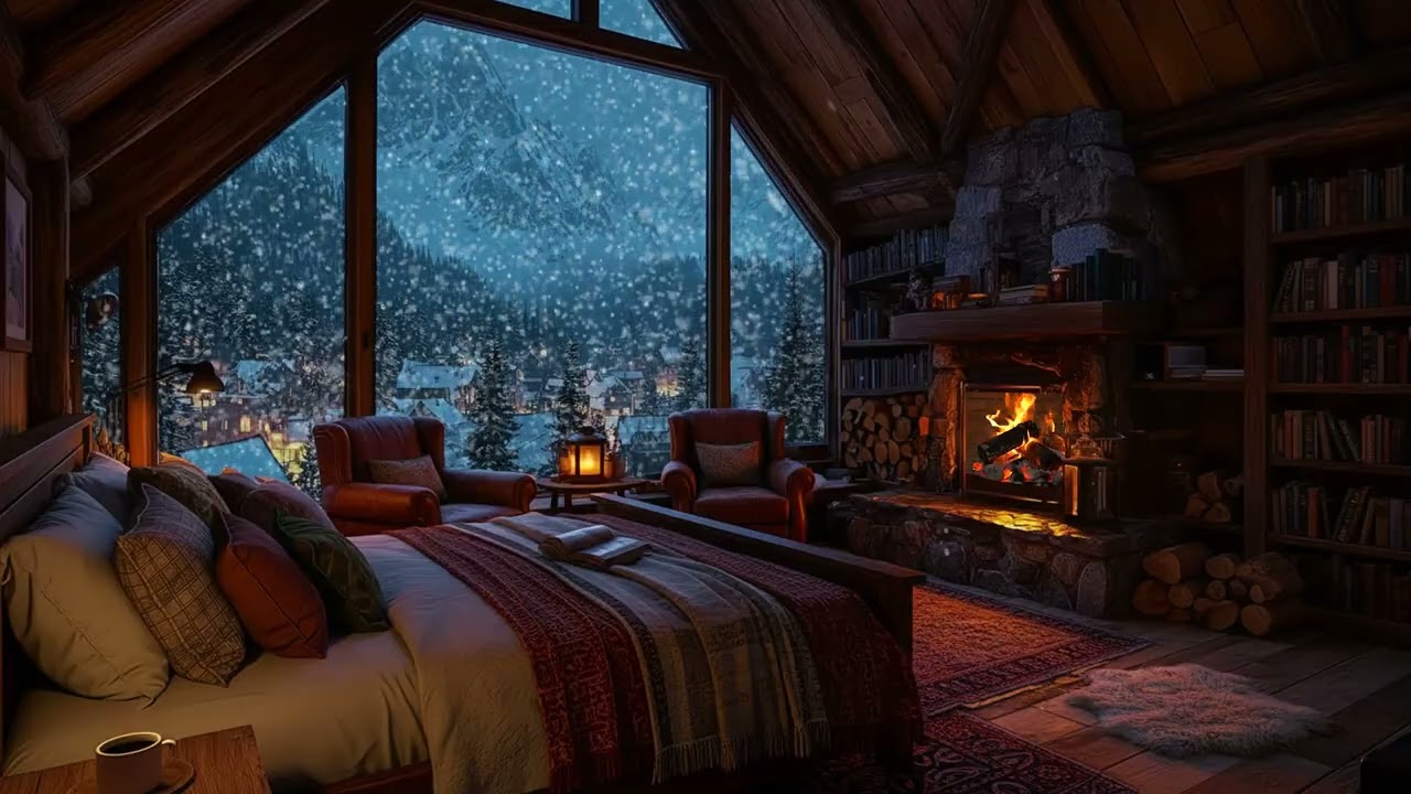 Midnight Snow Drifting by a Cozy Cabin Window with Warm Firelight for Deep Sleep and Calm Night Rest