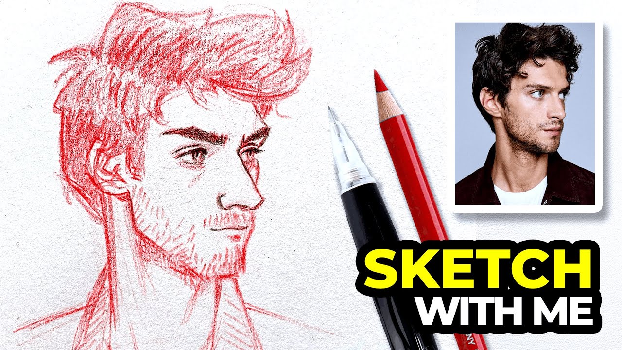 Stylised Male Head | Red Crayon Sketch