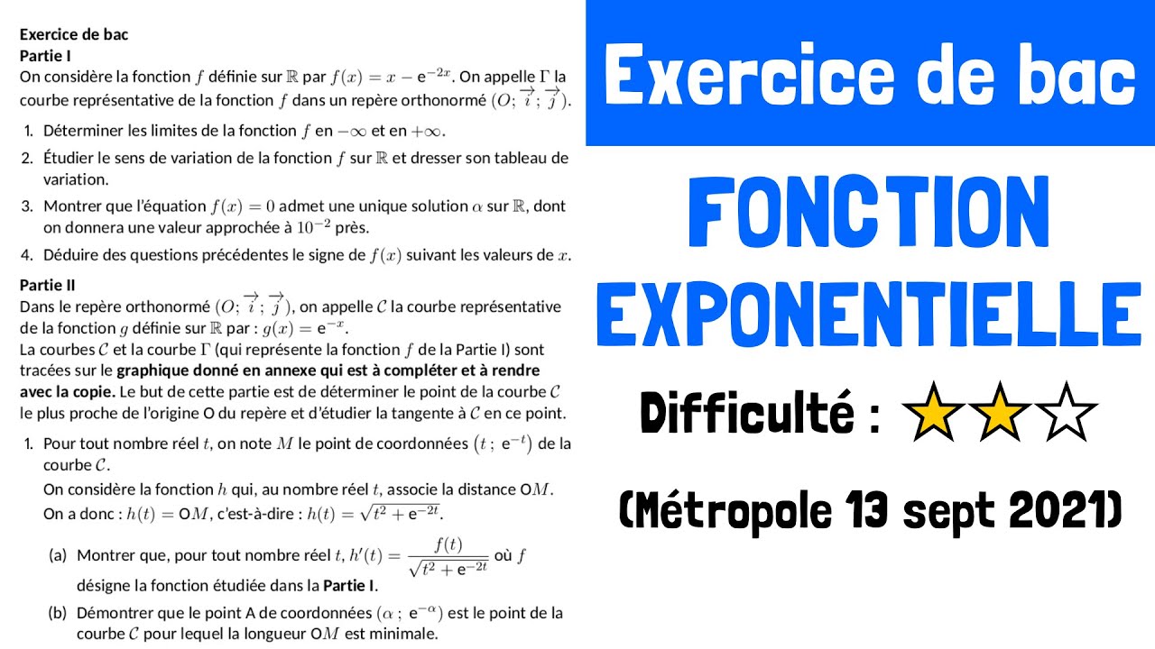 Exercice de bac : Fonction exponentielle (Métropole 13 septembre 2021 Sujet 2)
