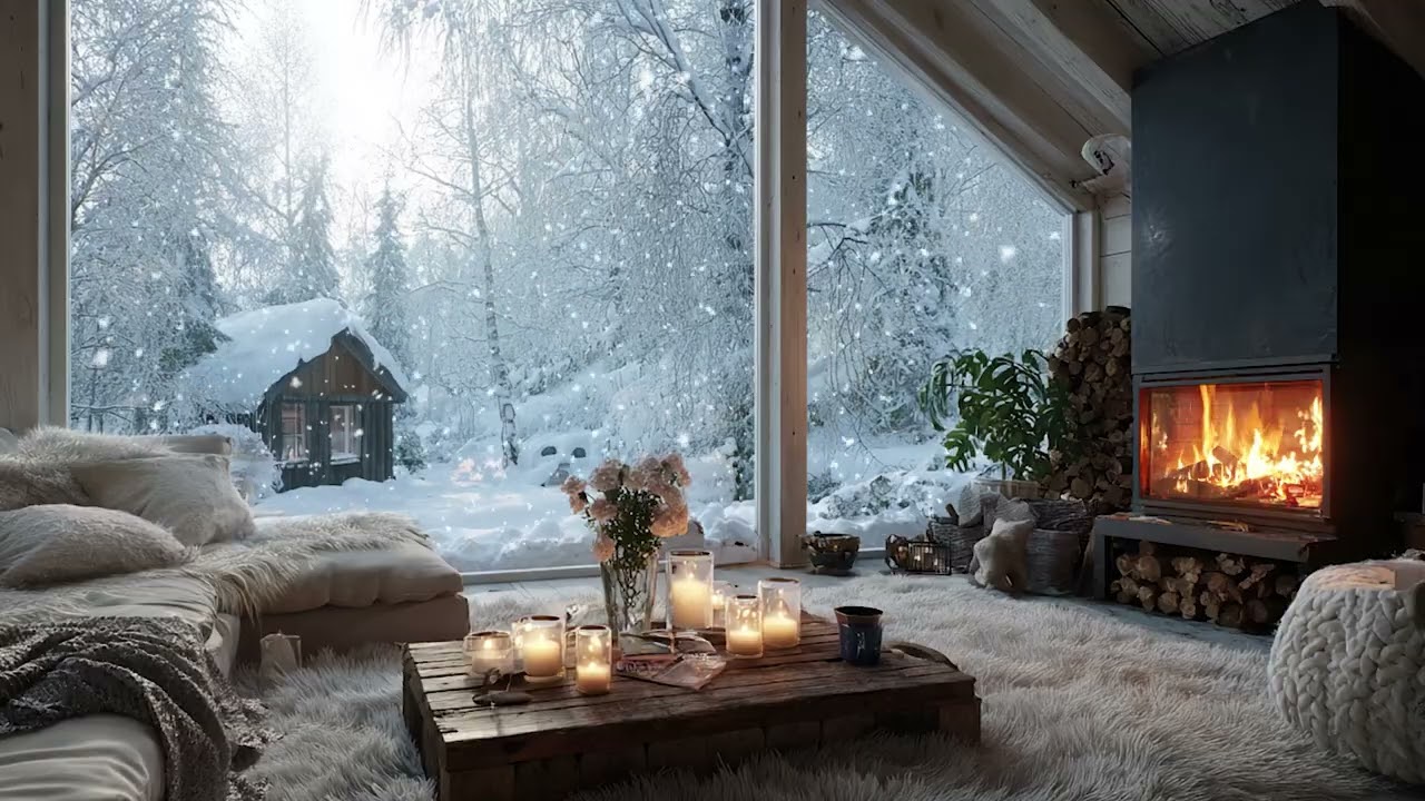 Cozy White Floral Piano Ambience | Fireplace Glow and Snowfall for Focus