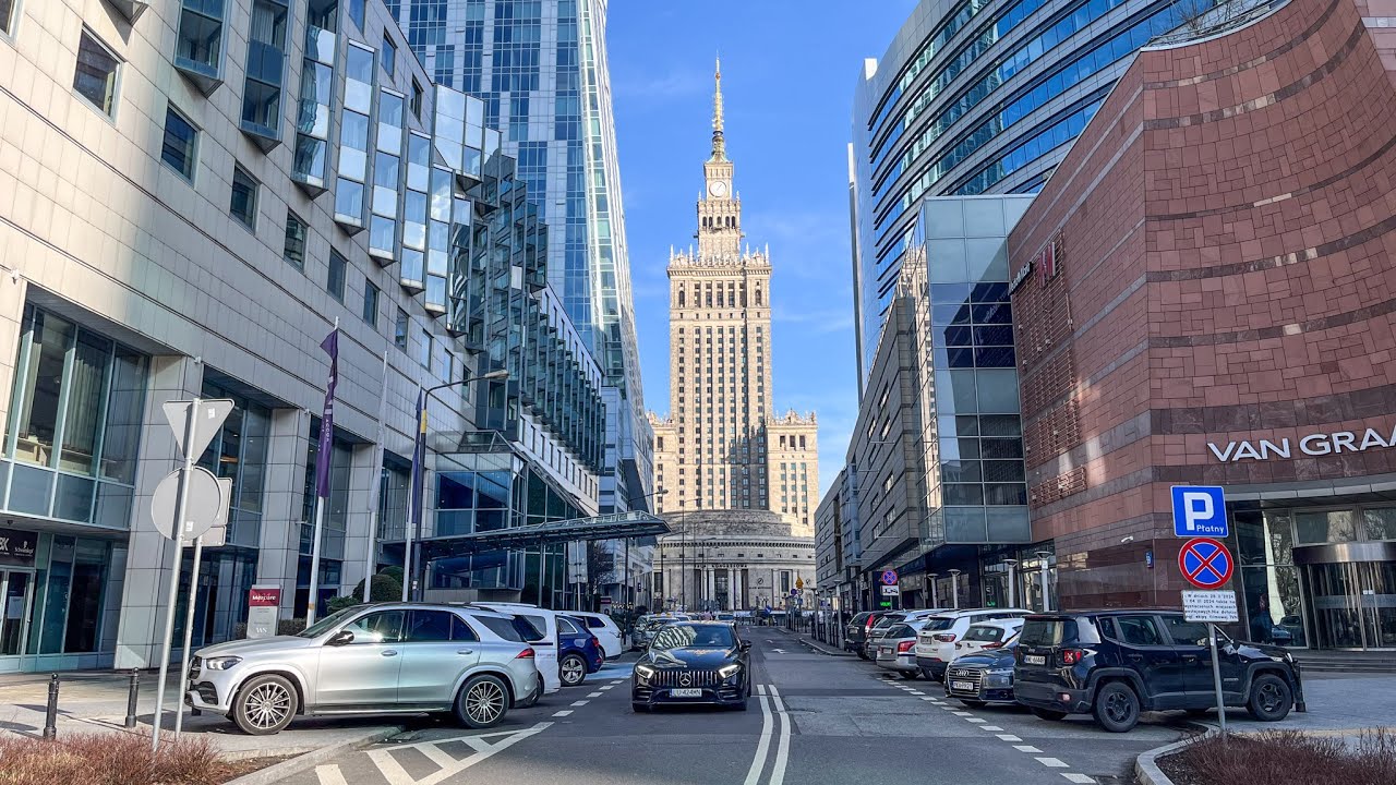 Walking Tour Downtown - Warsaw City Poland, 4K 60fps, City Walk - Travel Walk Tour,